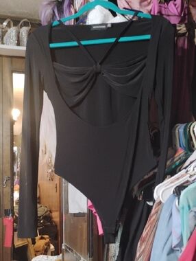 Black Long-Sleeve Scoop-Back Bodysuit Jumpsuit